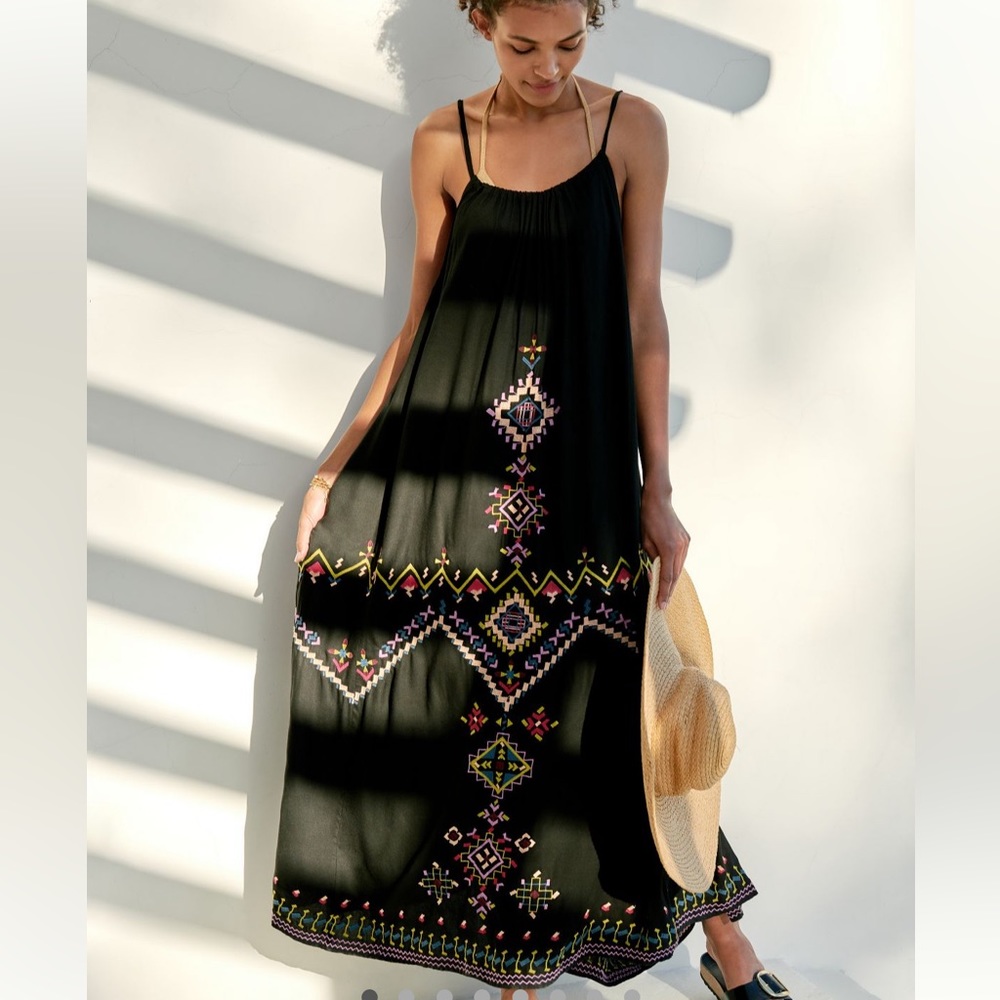 Anthropologie XS black embroidered maxi dress